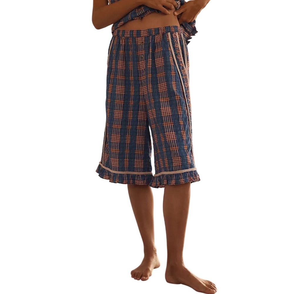Lyrebird Anthropologie Pajama Shorts M Blue Pink Plaid Ruffle Trim Sleepwear